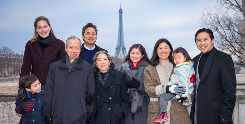 C.C. and Hanna Li (front row, left) in Paris with their sons, daughters-in-law, and grandchildren